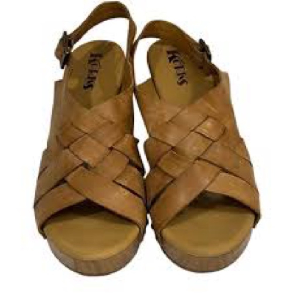 Korks Platform Sandals Womens Size 9 Brown Leather Berengo 3.5" Wood Heel Buckle